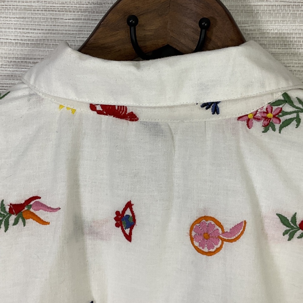 Caroline Constas White Crop Button Up Embroidered Top Med Summer Print Linen - Picture 11 of 13
